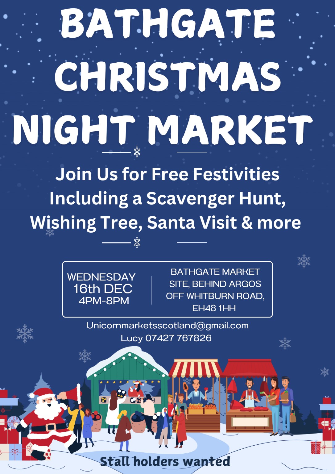Bathgate Christmas Night Market poster for Wednesday 16 December, 4–8 pm.