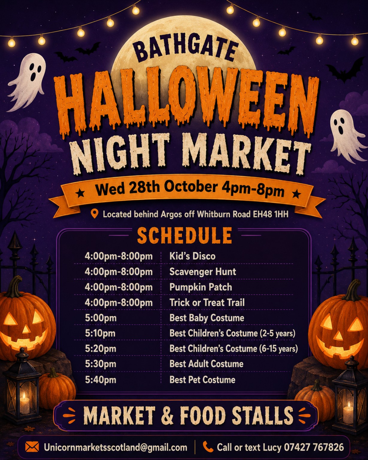Bathgate Halloween Night Market poster and schedule for Wednesday 28 October, 4–8 pm.